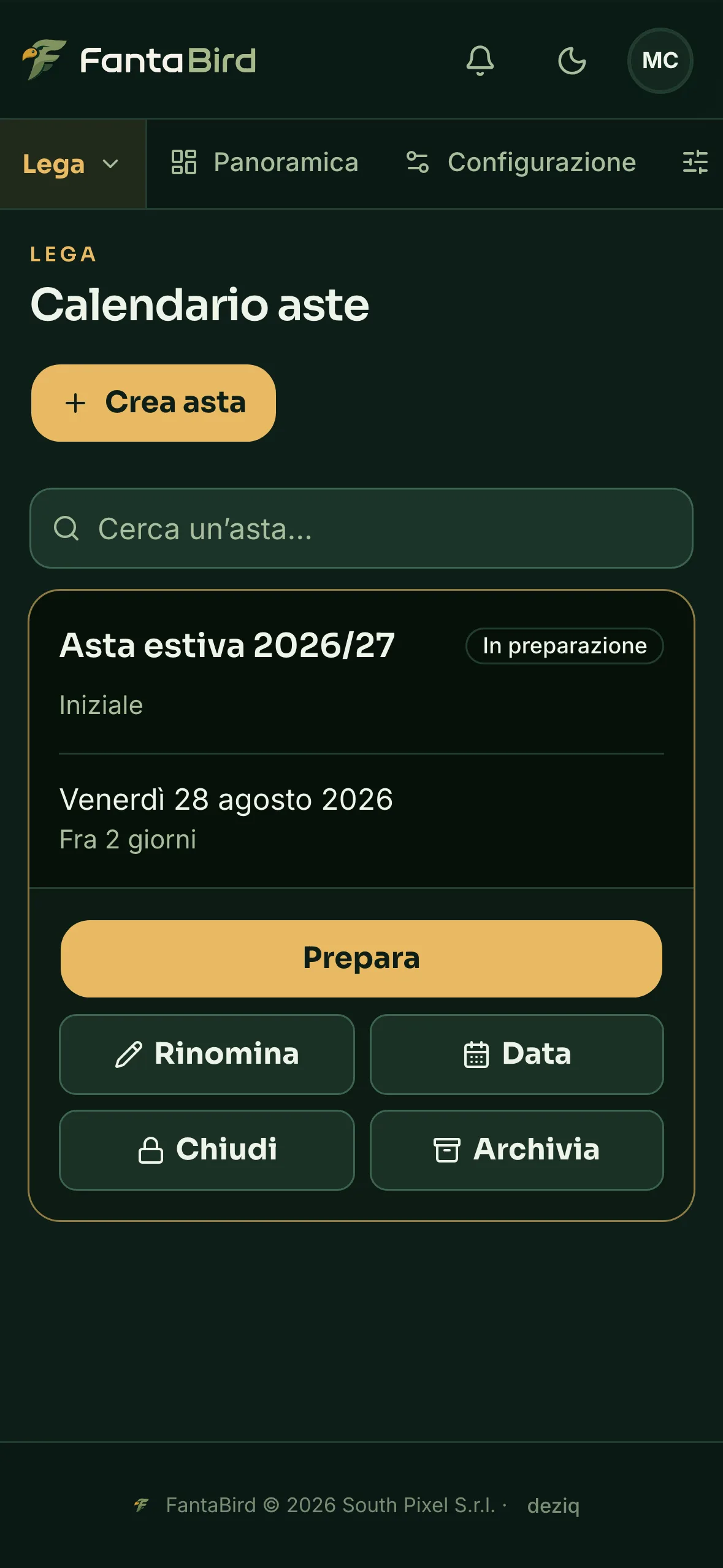 Il calendario della stagione: le aste sui loro giorni, e quale stai preparando.