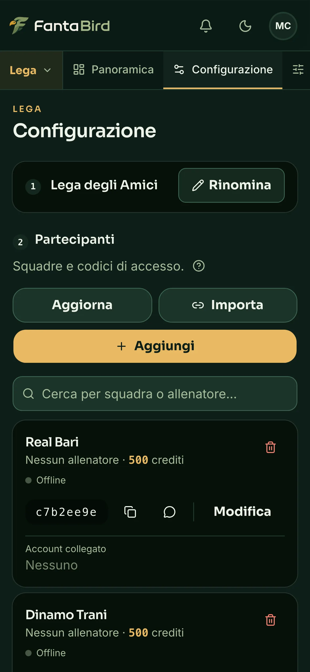 La lega: partecipanti, codici, staff e import da leghe.fantacalcio.it.