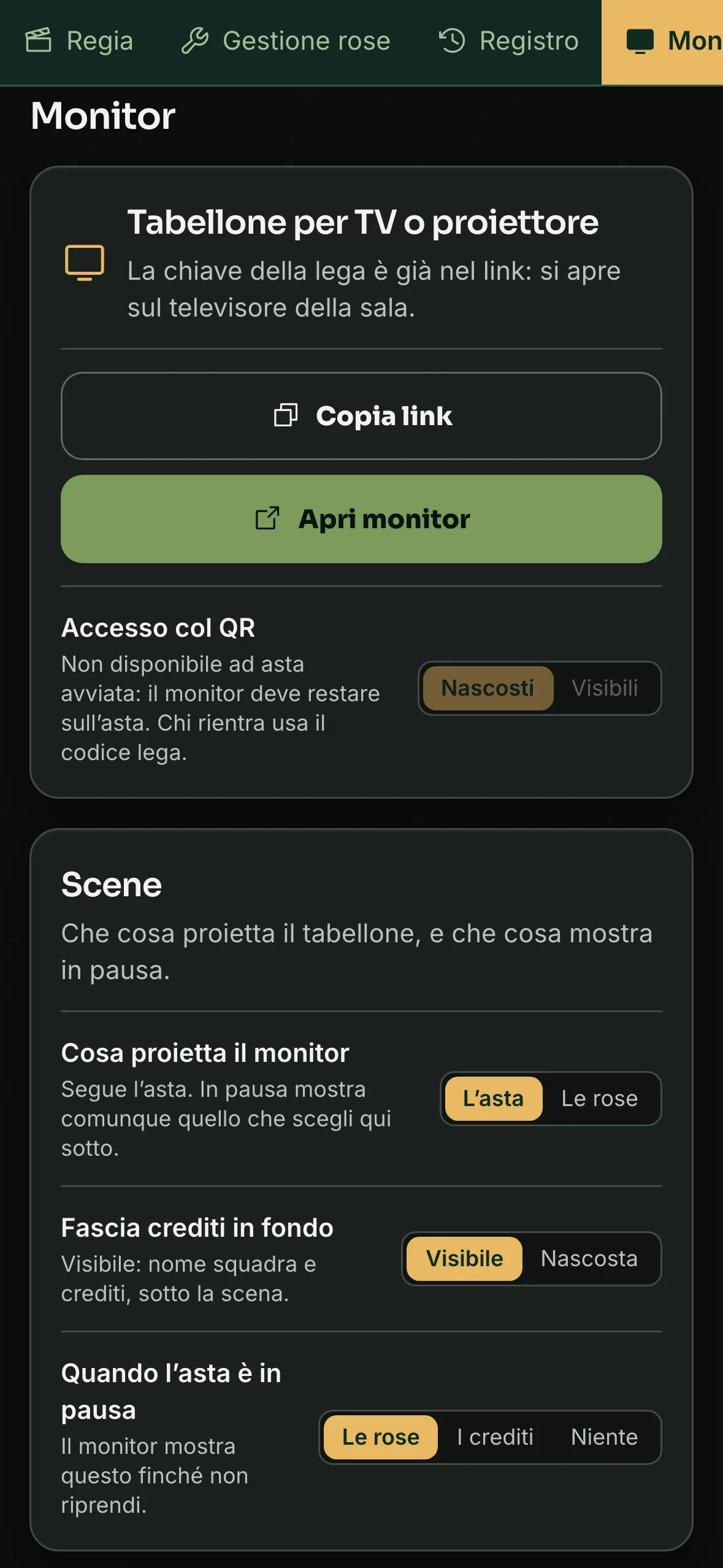 La sezione Monitor: link per la TV, QR d’accesso e scene.