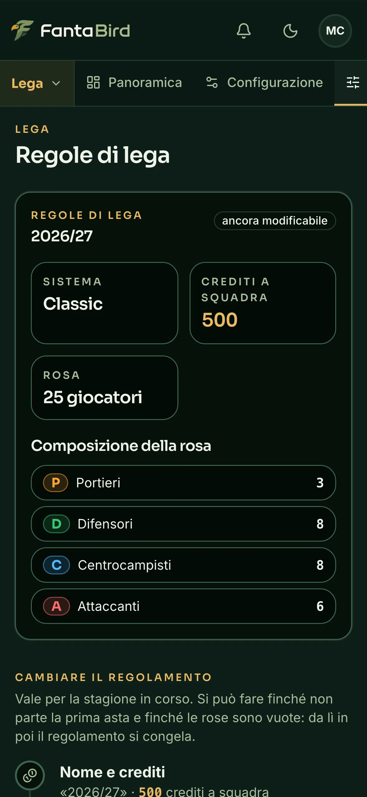 Le regole di lega: sistema, crediti e composizione della rosa.