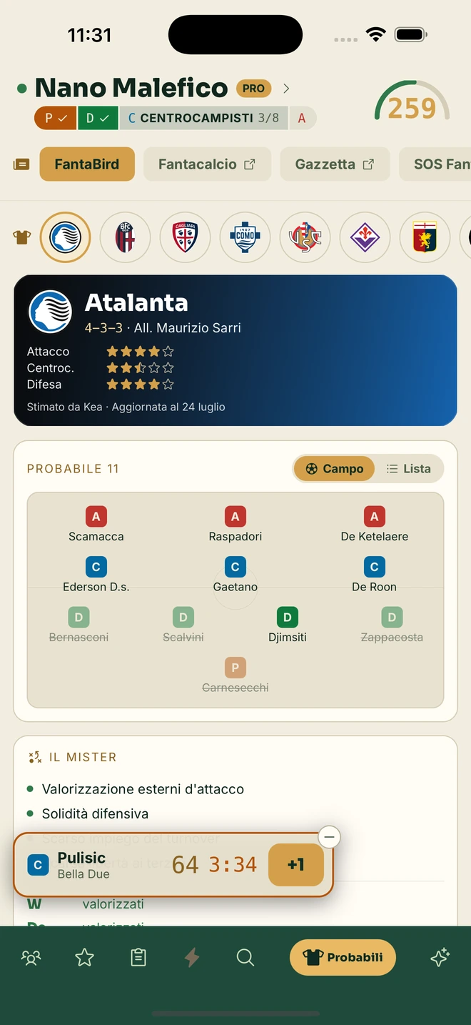 Le probabili formazioni nell'app FantaBird: campo con gli undici e la panchina